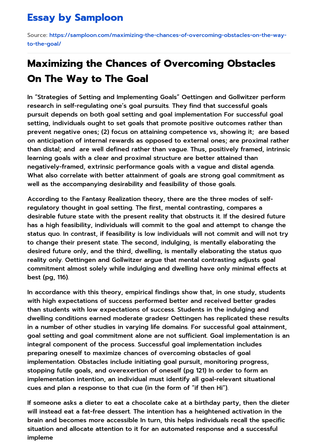 Maximizing the Chances of Overcoming Obstacles On The Way to The Goal essay