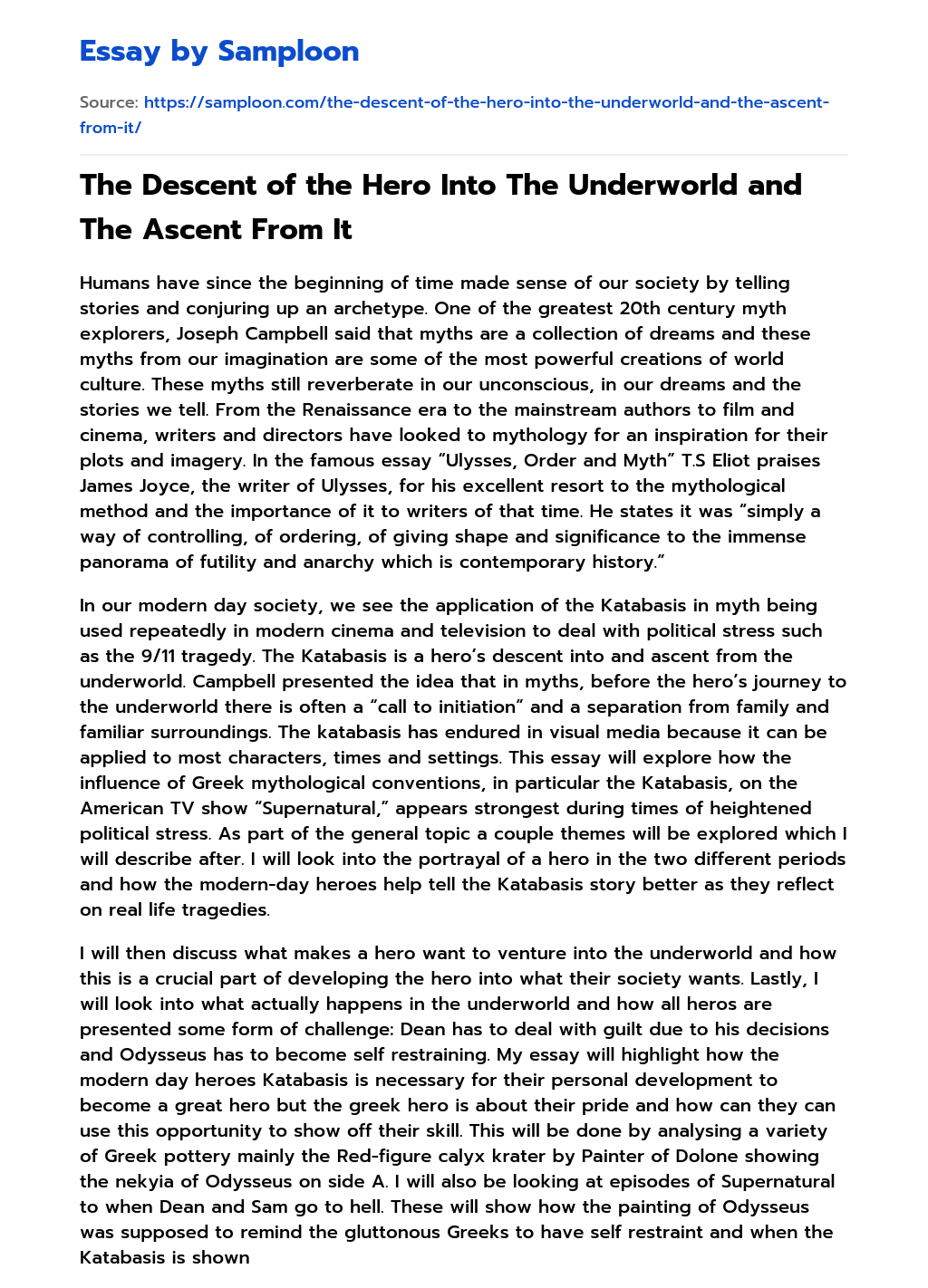 The Descent of the Hero Into The Underworld and The Ascent From It essay