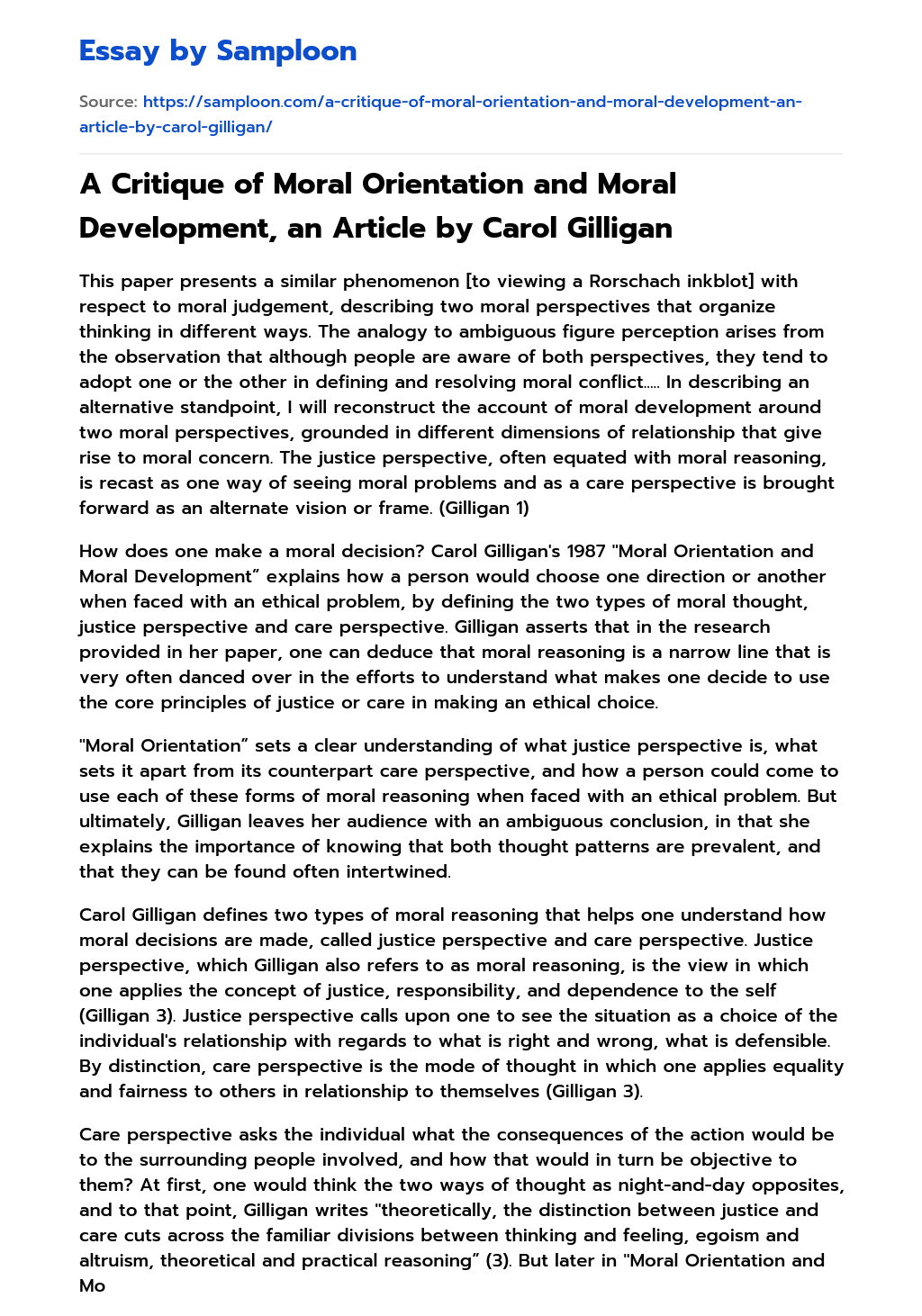 A Critique of Moral Orientation and Moral Development, an Article by Carol Gilligan essay