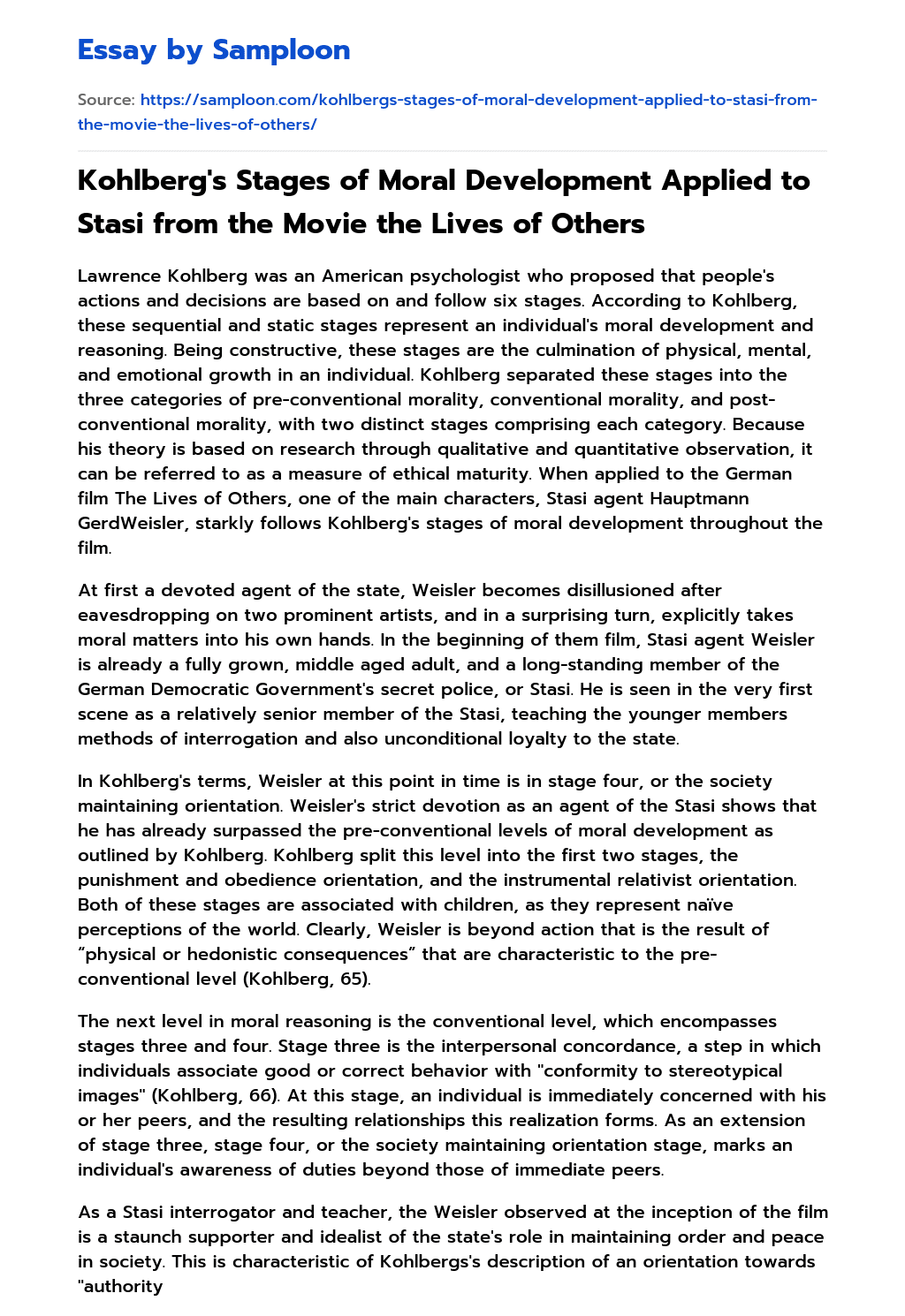 Kohlberg’s Stages of Moral Development Applied to Stasi from the Movie the Lives of Others essay