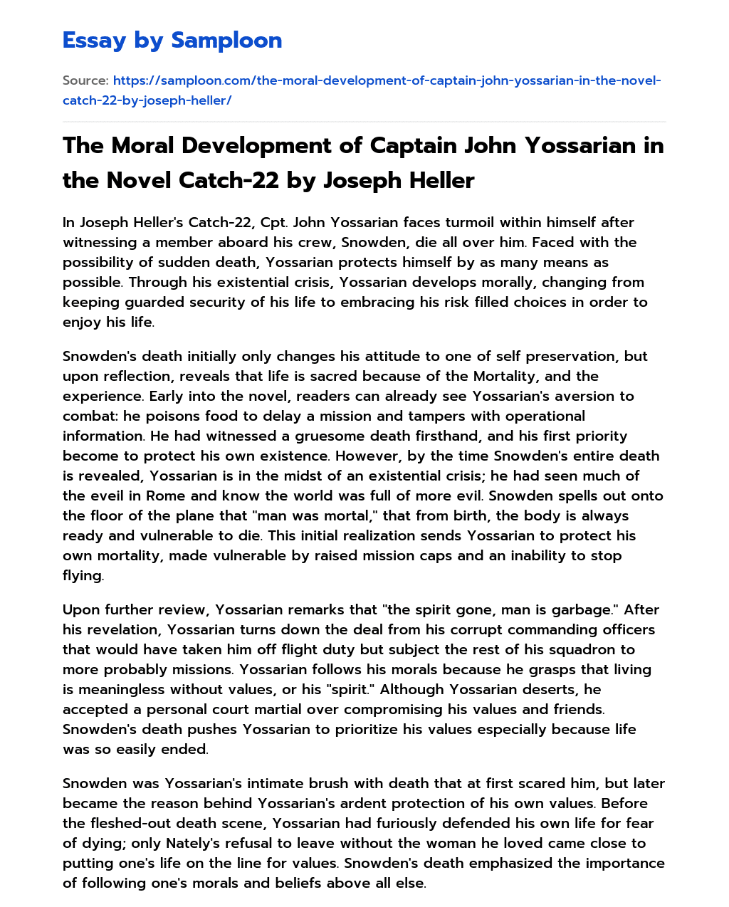 The Moral Development of Captain John Yossarian in the Novel Catch-22 by Joseph Heller essay