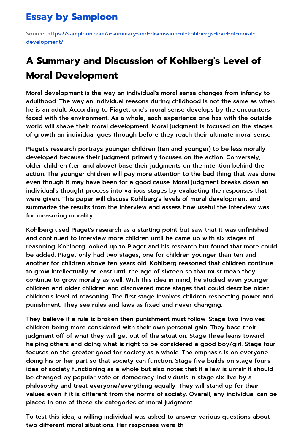 A Summary and Discussion of Kohlberg’s Level of Moral Development essay