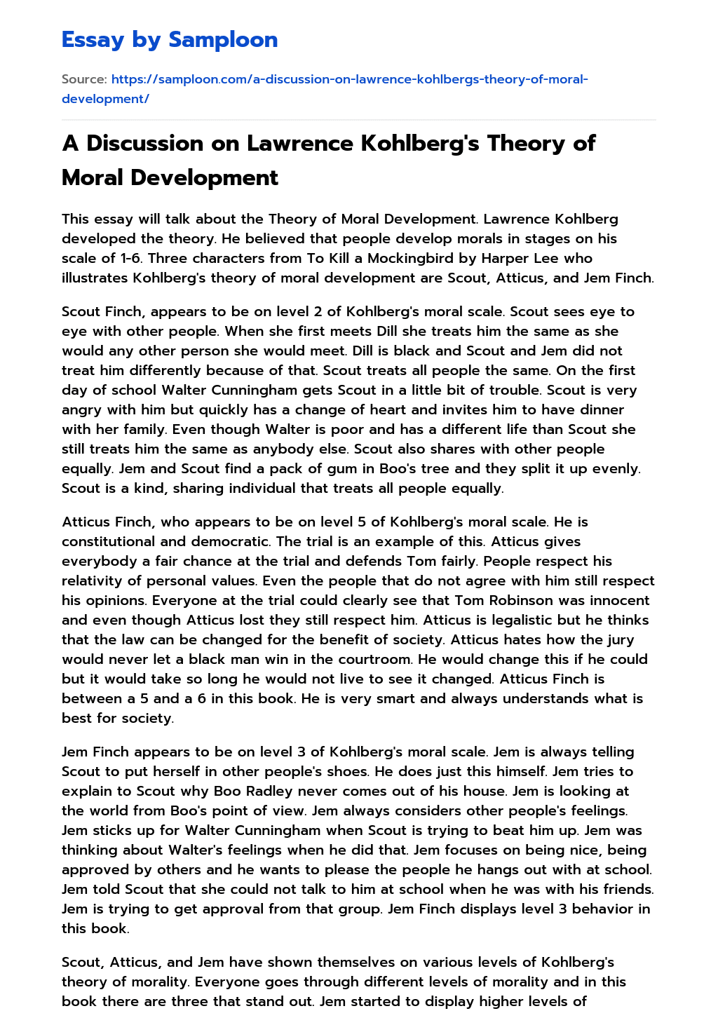 A Discussion on Lawrence Kohlberg’s Theory of Moral Development essay