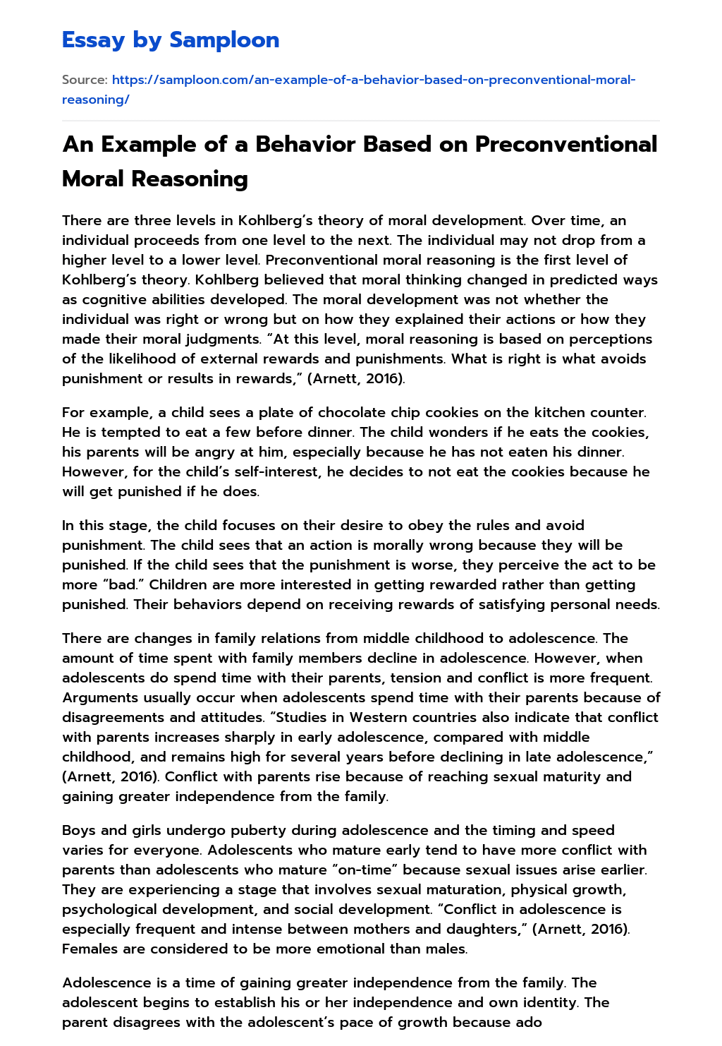 An Example of a Behavior Based on Preconventional Moral Reasoning essay