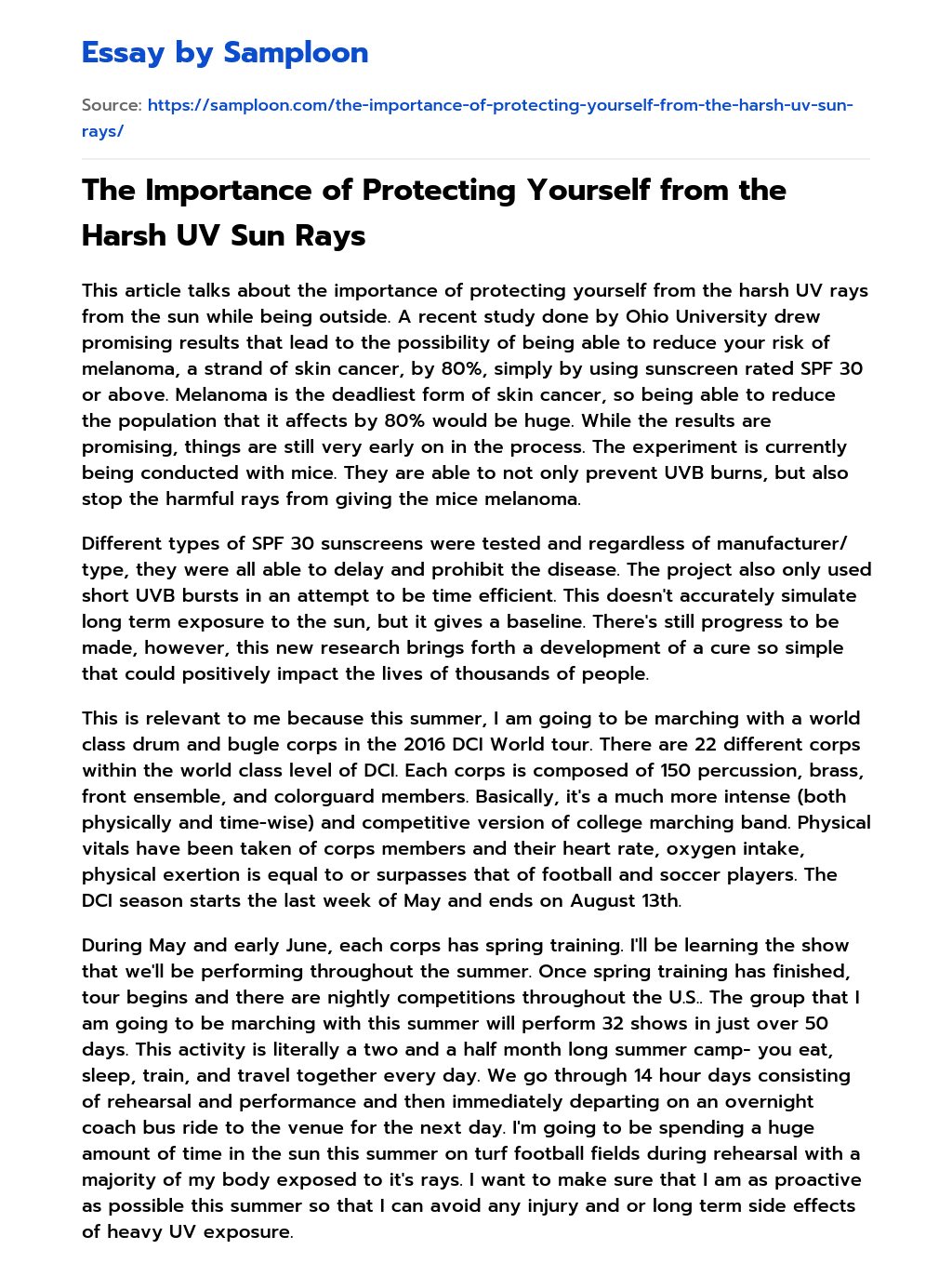 The Importance of Protecting Yourself from the Harsh UV Sun Rays essay