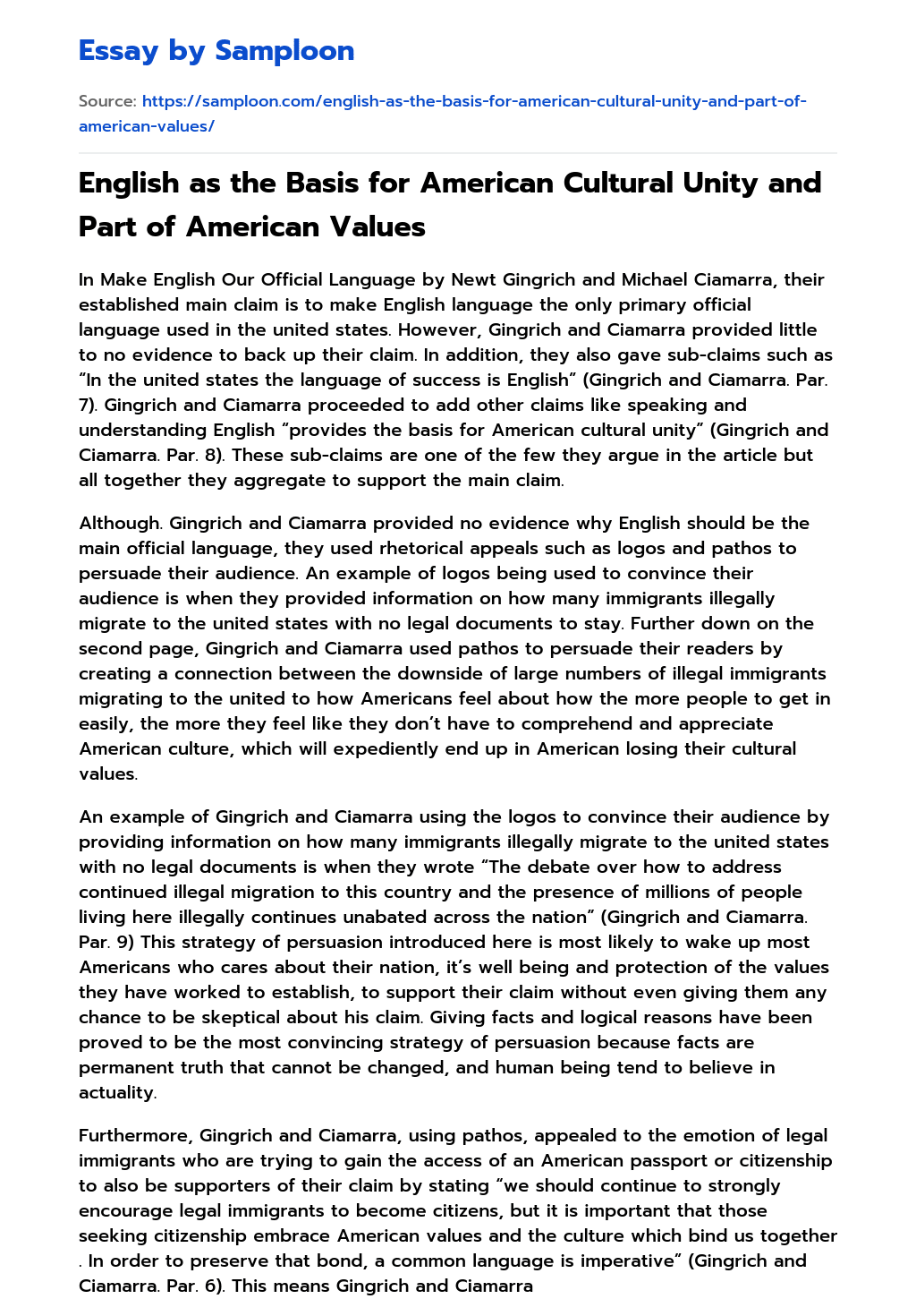 English as the Basis for American Cultural Unity and Part of American Values essay