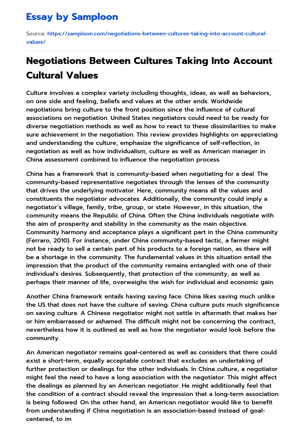 Negotiations Between Cultures Taking Into Account Cultural Values essay