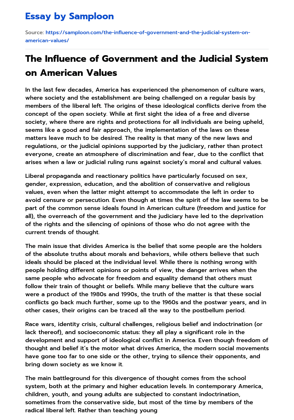 The Influence of Government and the Judicial System on American Values essay