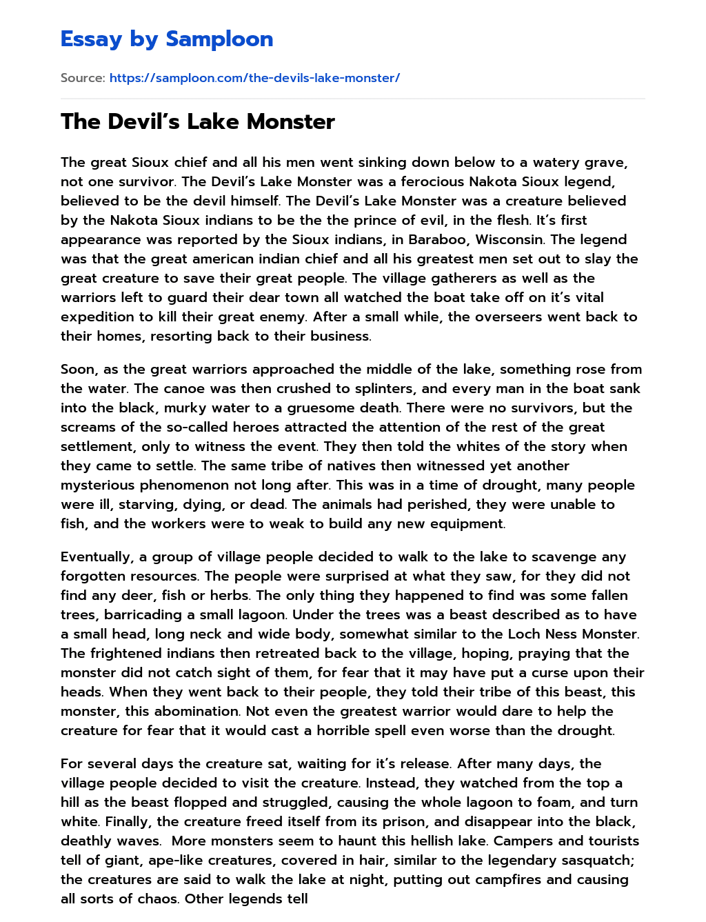 The Devil’s Lake Monster essay