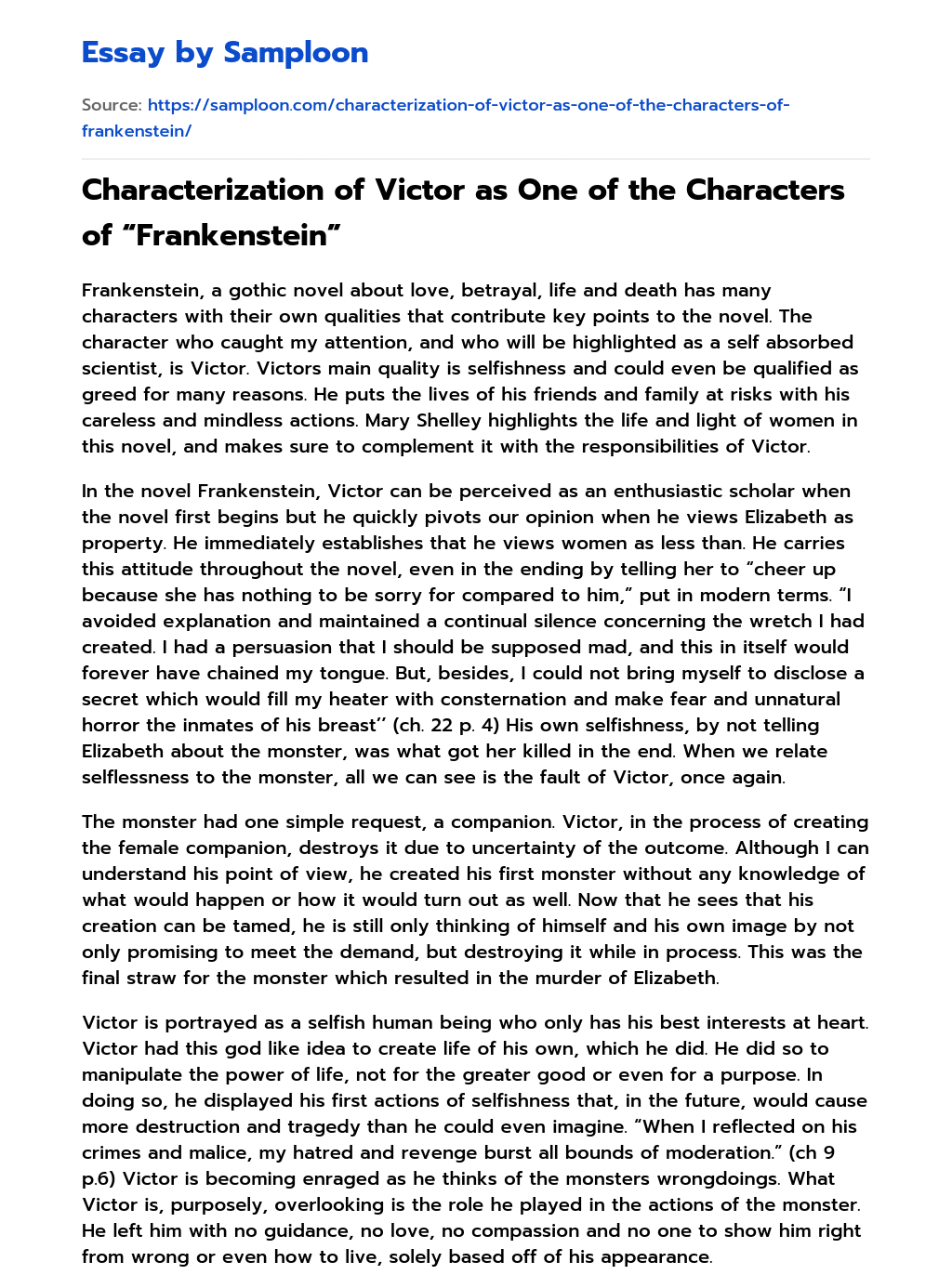 Characterization of Victor as One of the Characters of “Frankenstein” essay