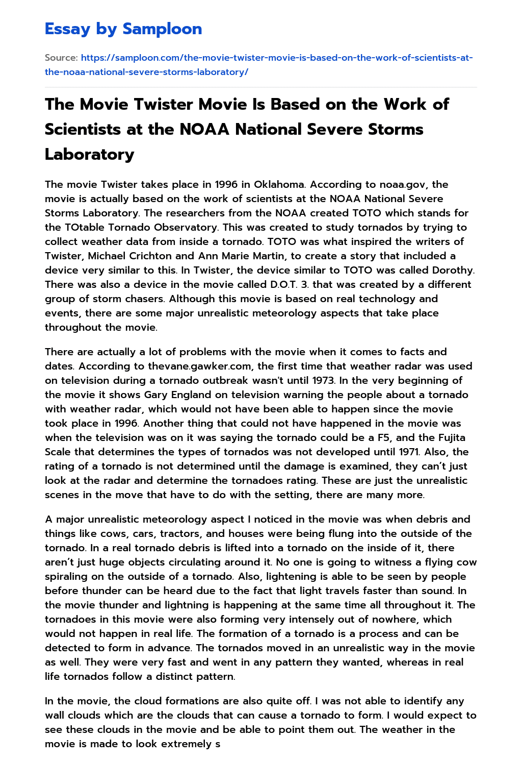 The Movie Twister Movie Is  Based on the Work of Scientists at the NOAA National Severe Storms Laboratory essay