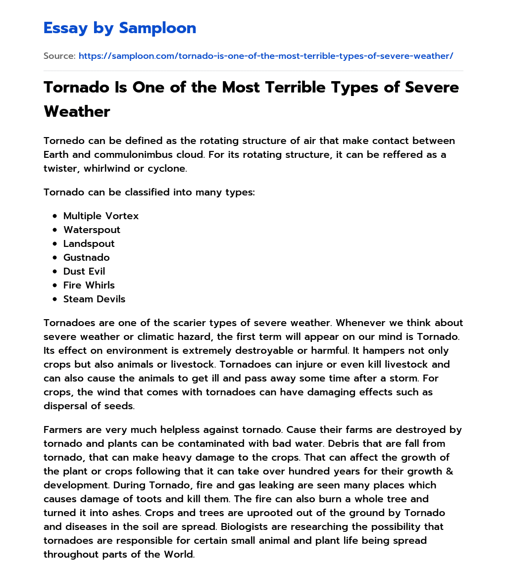 Tornado Is One of the Most Terrible Types of Severe Weather essay
