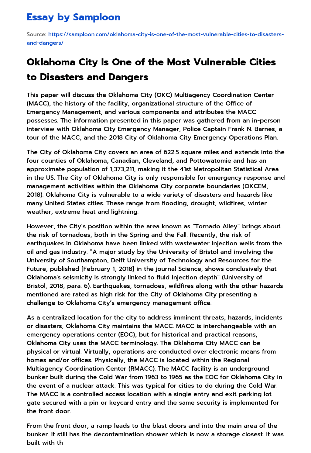 Oklahoma City Is One of the Most Vulnerable Cities to Disasters and Dangers essay