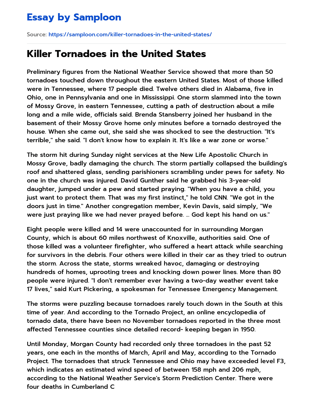 Killer Tornadoes in the United States essay