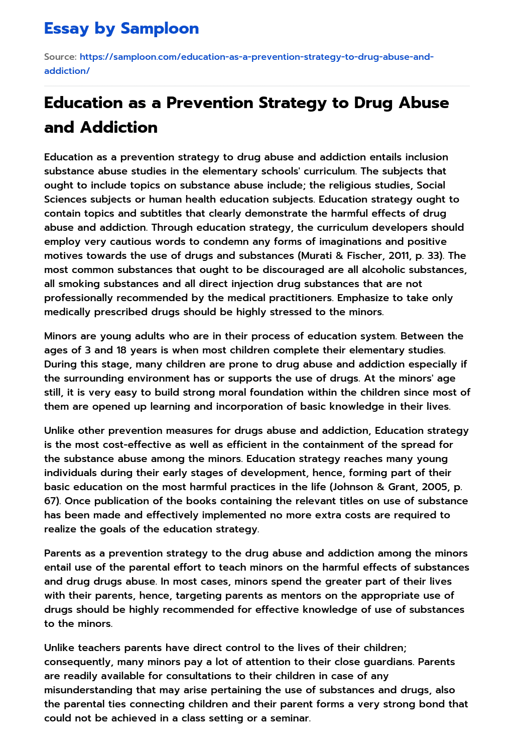 Education as a Prevention Strategy to Drug Abuse and Addiction essay
