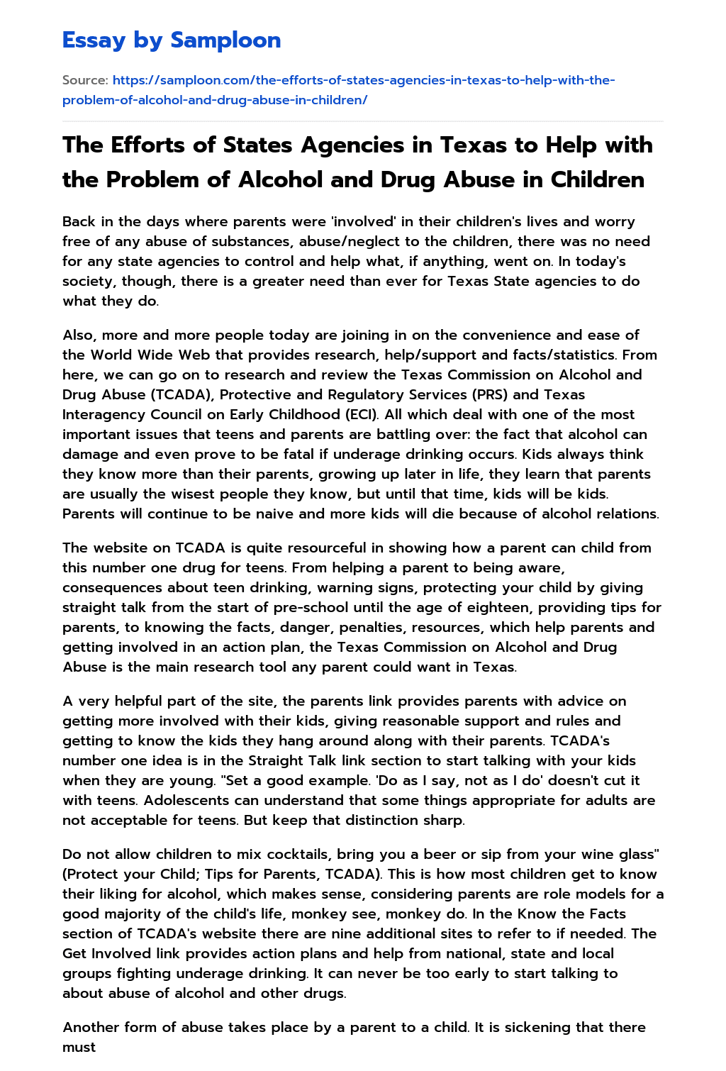 The Efforts of States Agencies in Texas to Help with the Problem of Alcohol and Drug Abuse in Children essay