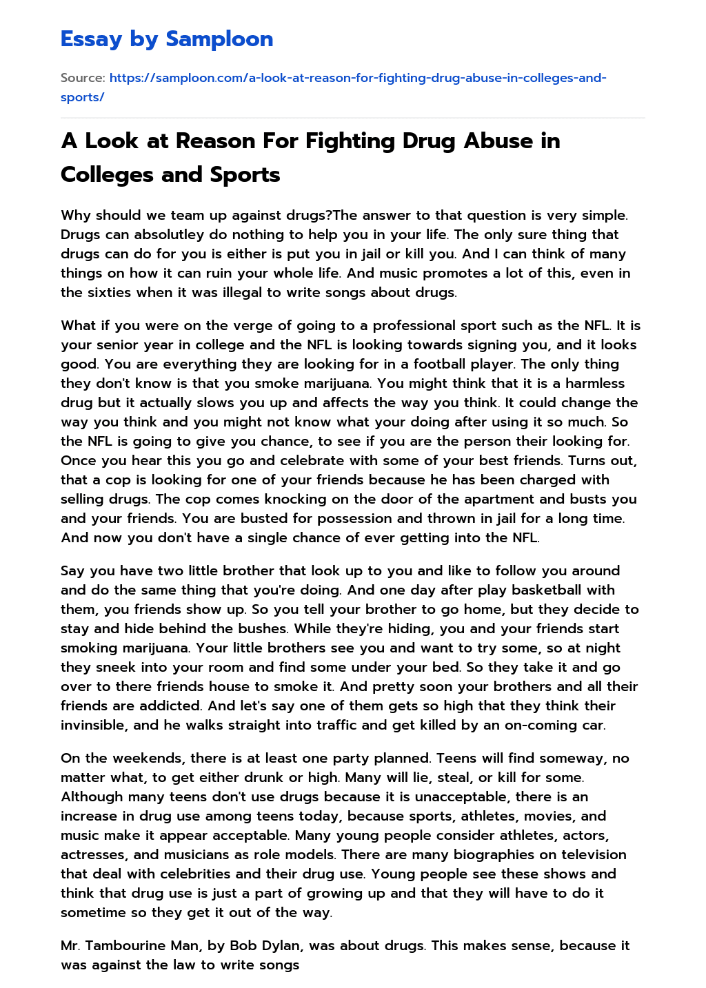 A Look at Reason For Fighting Drug Abuse in Colleges and Sports essay