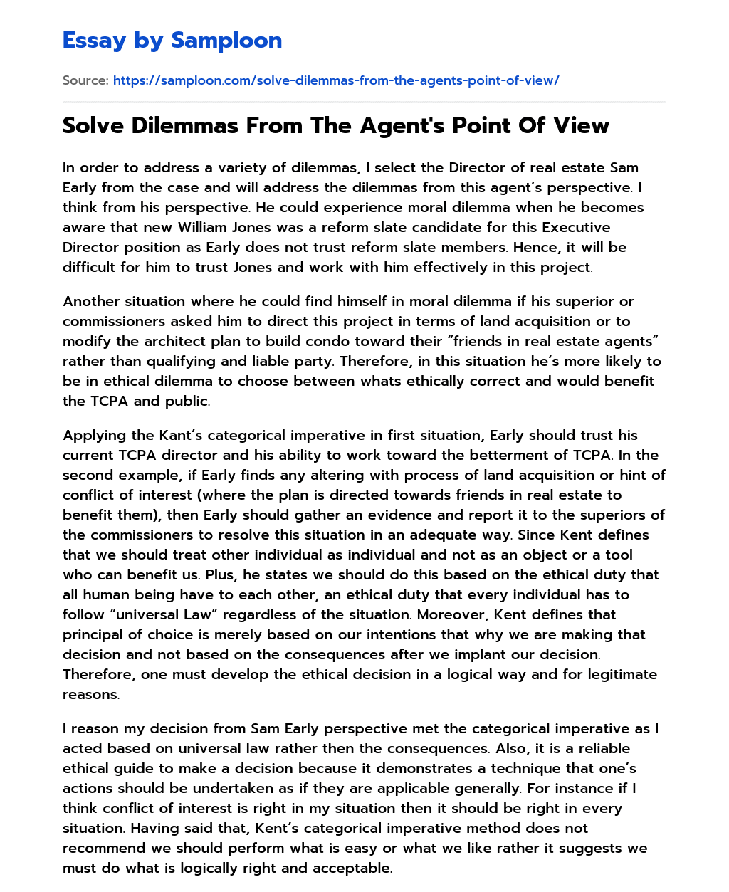 Solve Dilemmas From The Agent’s Point Of View essay