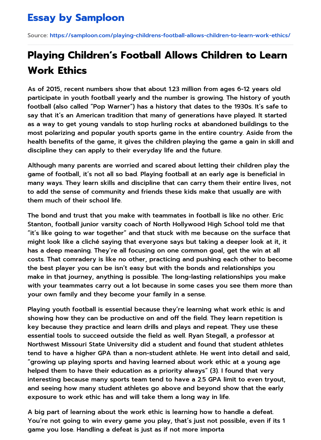 Playing Children’s Football Allows Children to Learn Work Ethics essay