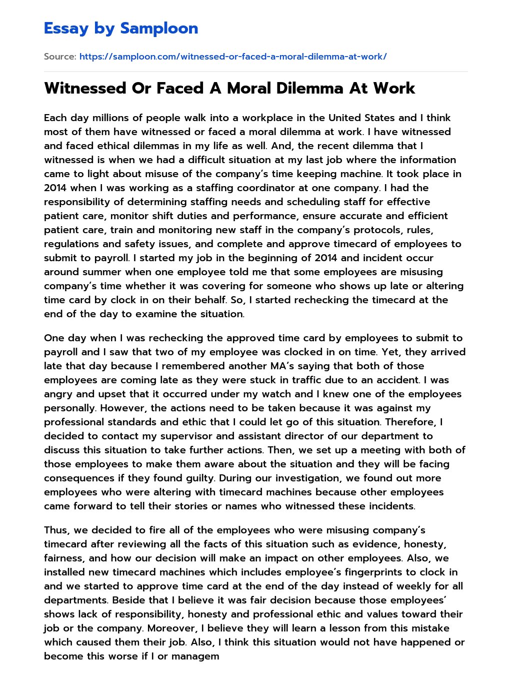 Witnessed Or Faced A Moral Dilemma At Work essay
