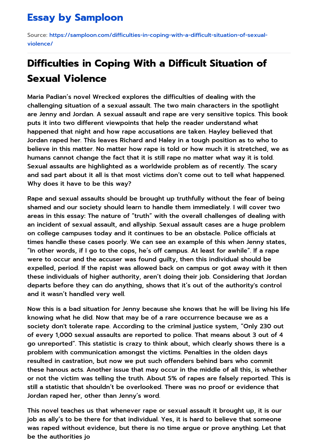 Difficulties in Coping With a Difficult Situation of Sexual Violence essay