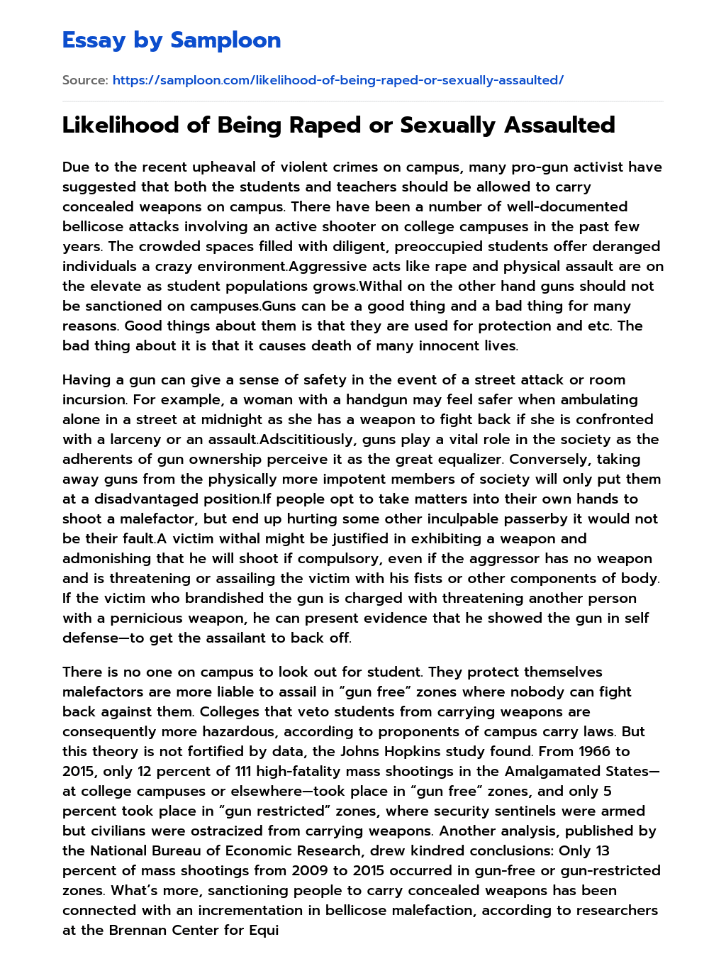 Likelihood of Being Raped or Sexually Assaulted essay