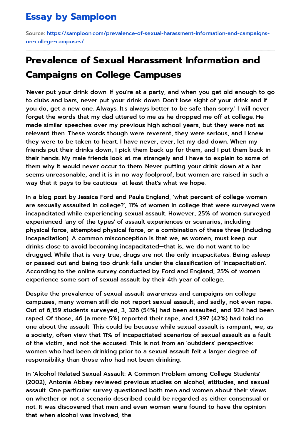 essay on sexual assault on college campuses
