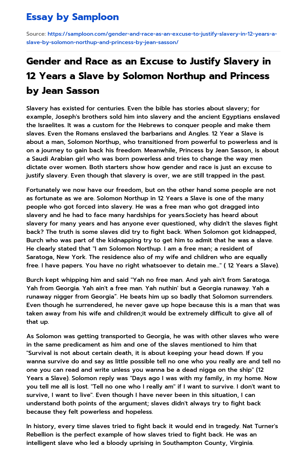 Gender and Race as an Excuse to Justify Slavery in 12 Years a Slave by Solomon Northup and Princess by Jean Sasson essay