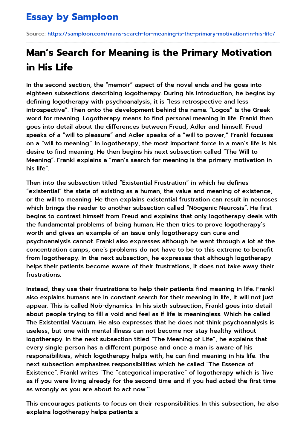 Man’s Search for Meaning is the Primary Motivation in His Life essay