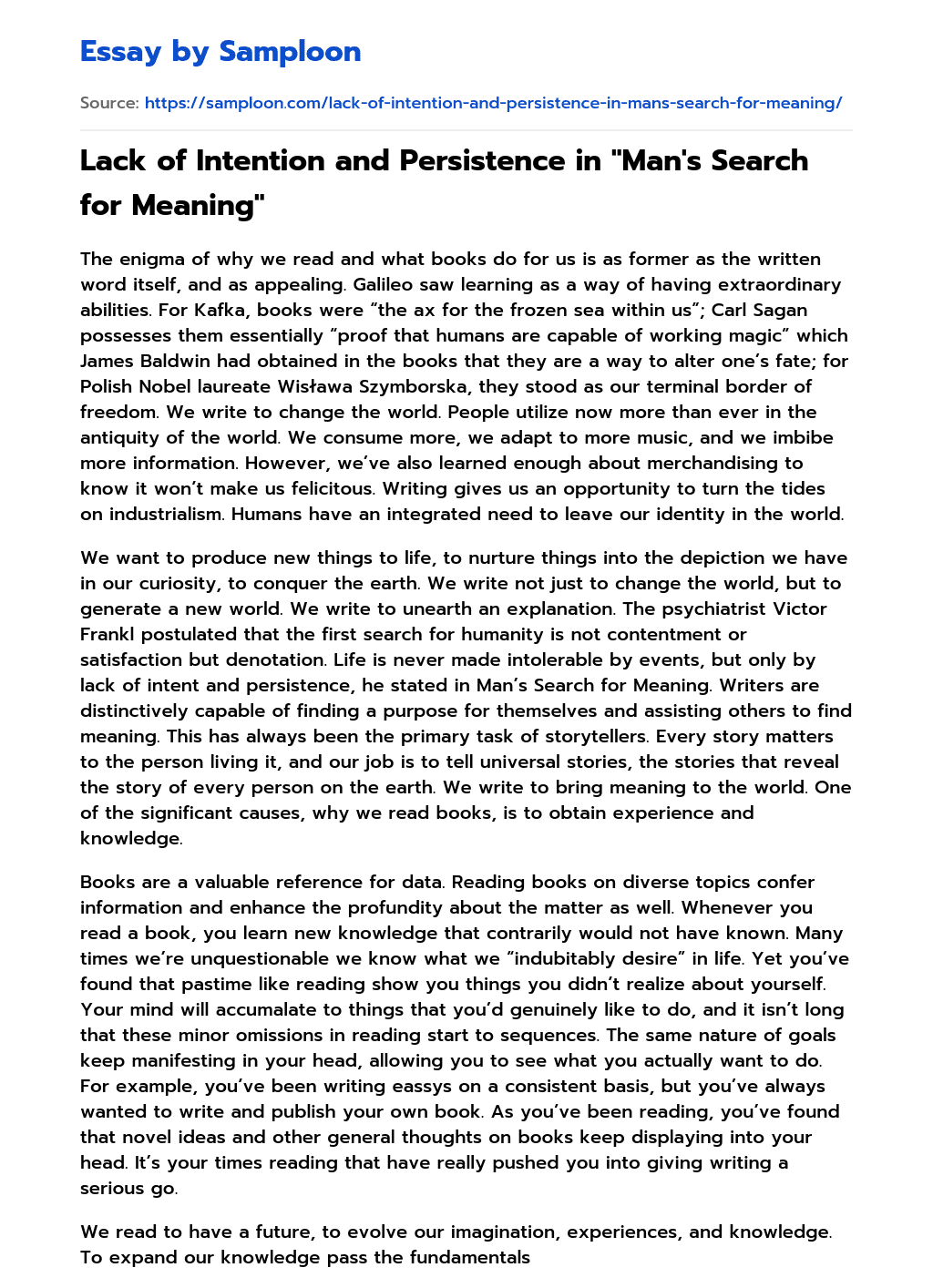 Lack of Intention and Persistence in “Man’s Search for Meaning” essay