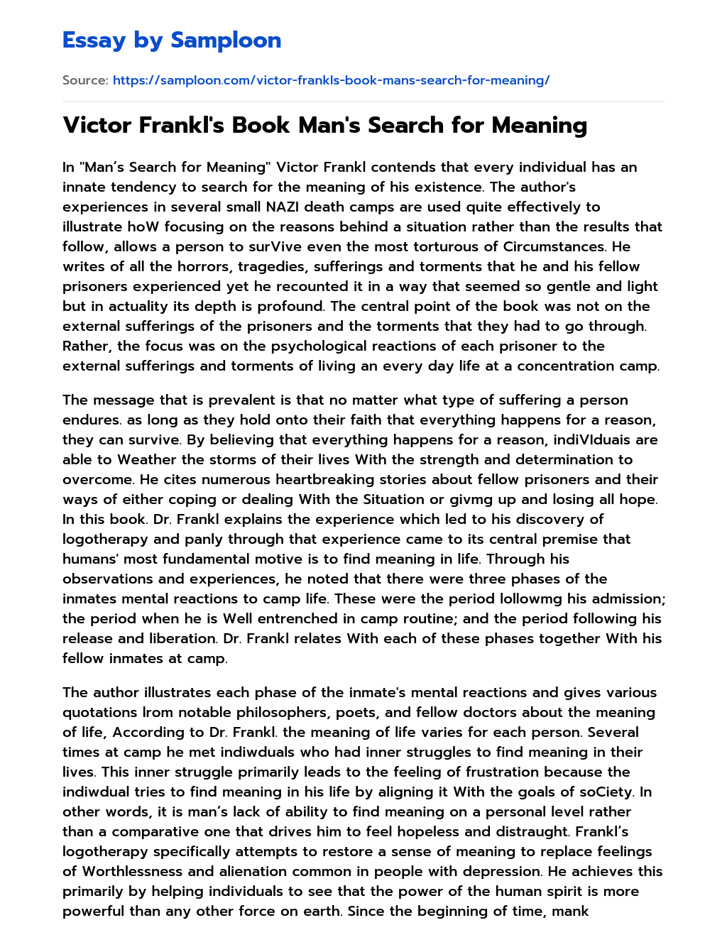 Victor Frankl’s Book Man’s Search for Meaning essay