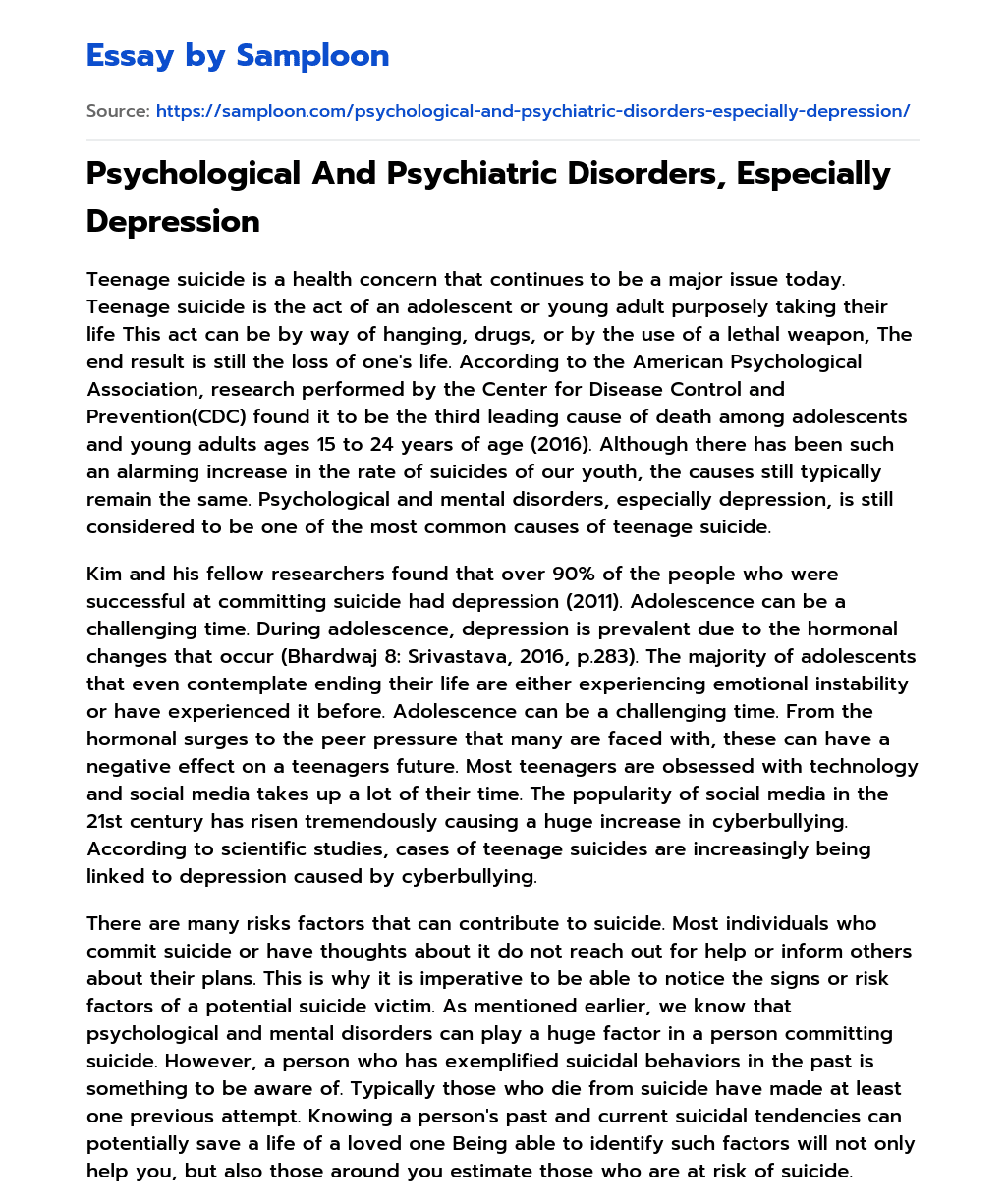 Psychological And Psychiatric Disorders, Especially Depression essay