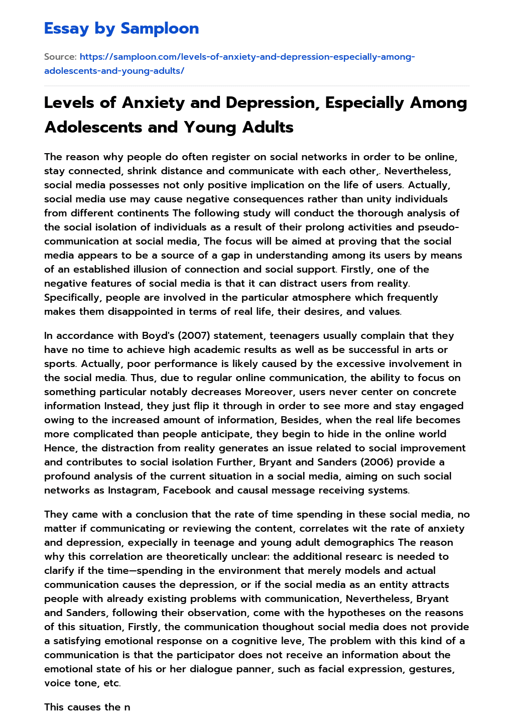 Levels of Anxiety and Depression, Especially Among Adolescents and Young Adults essay