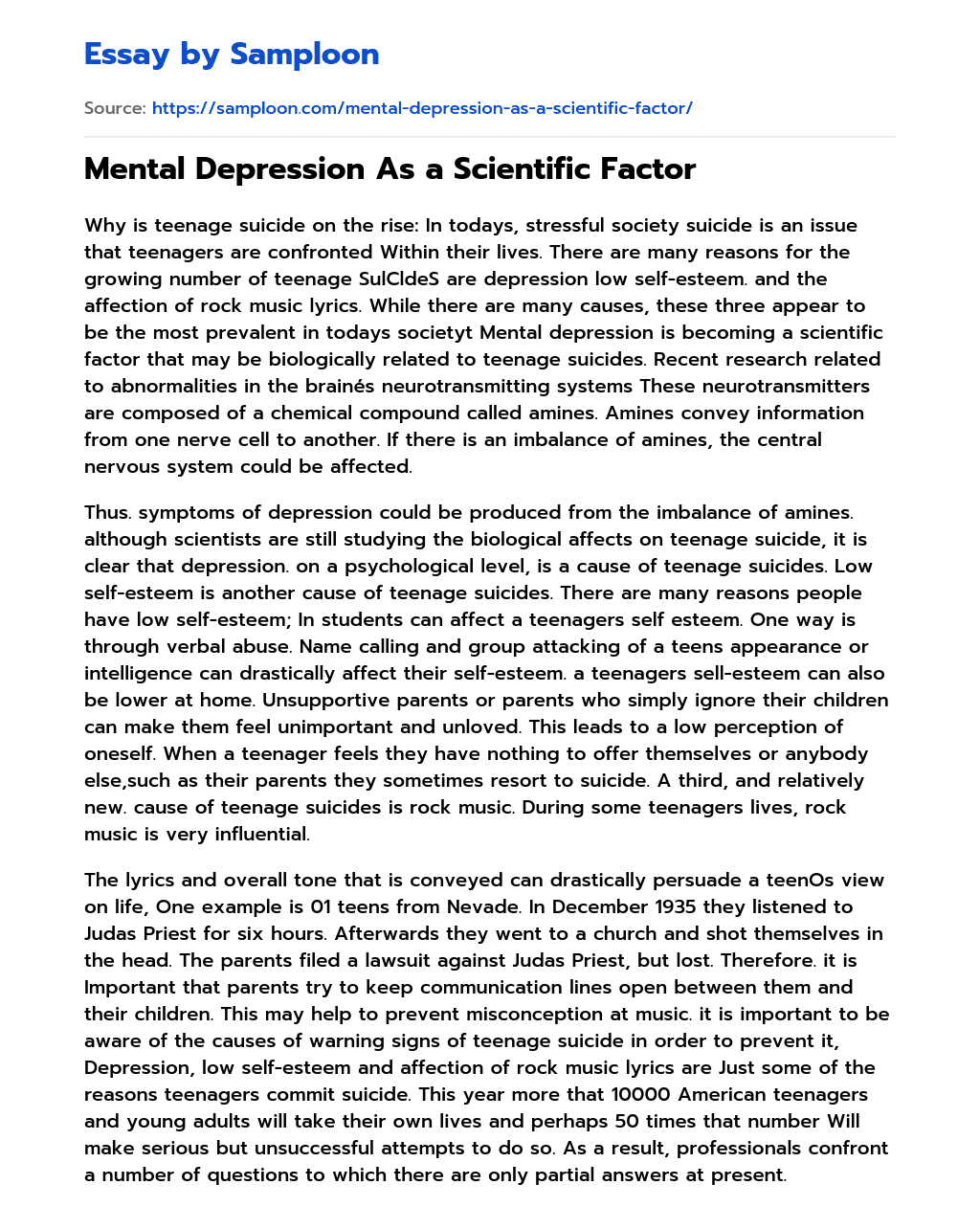 Mental Depression As a Scientific Factor essay