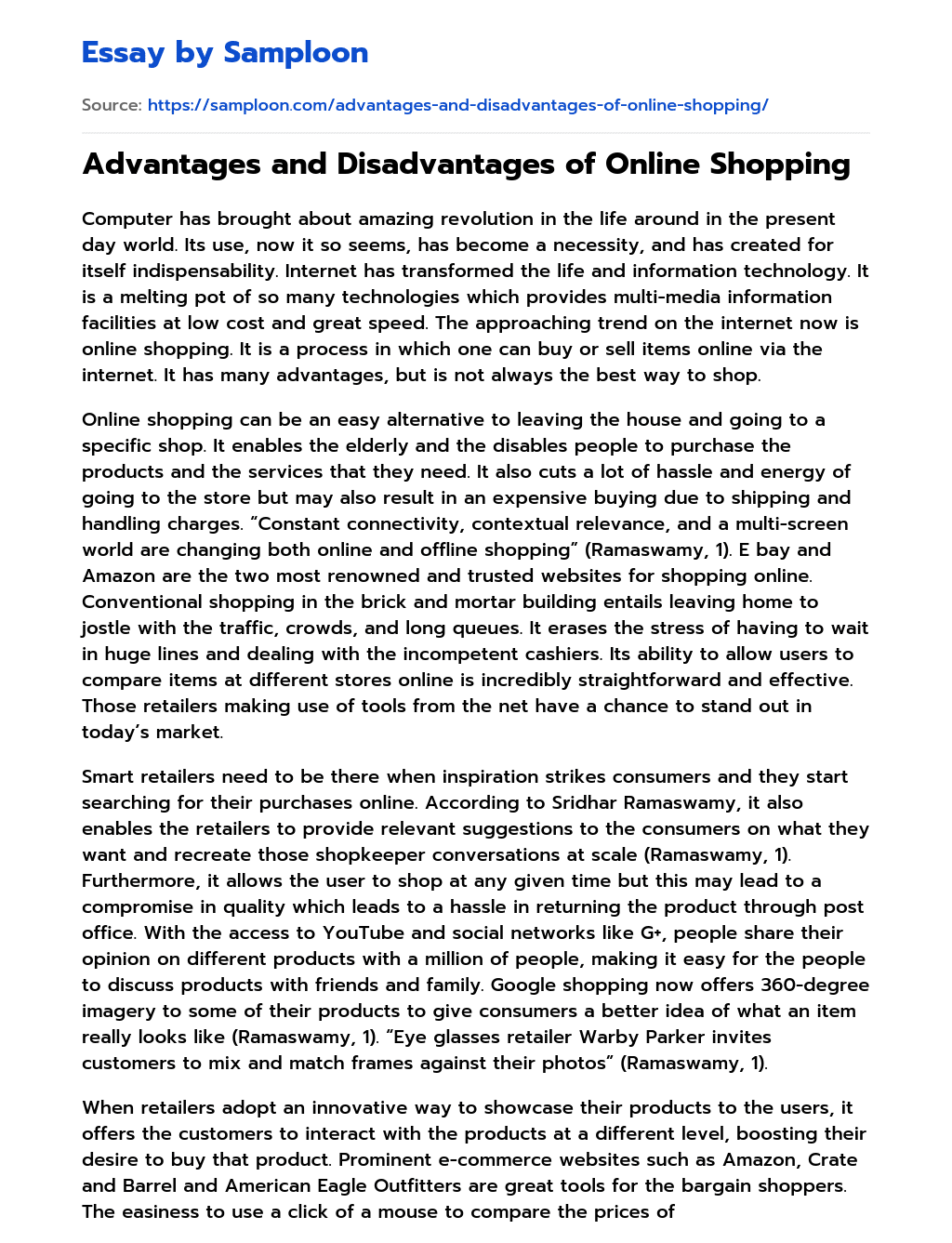 Advantages and Disadvantages of Online Shopping essay