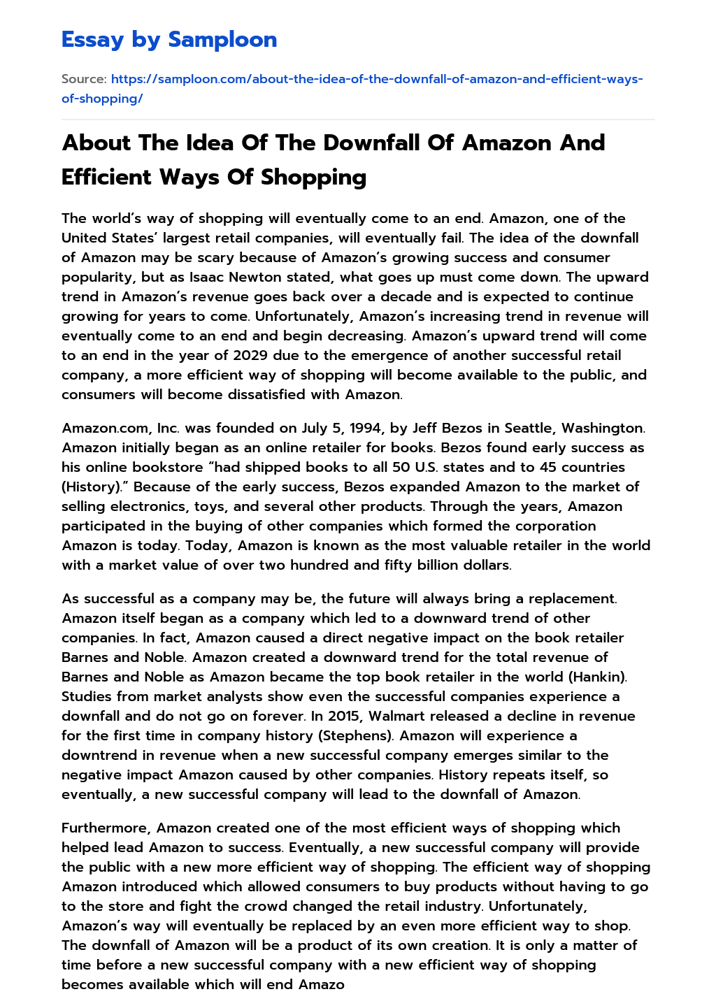 About The Idea Of The Downfall Of Amazon And Efficient Ways Of Shopping essay