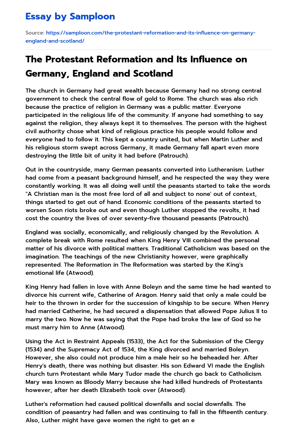 The Protestant Reformation and Its Influence on Germany, England and Scotland essay