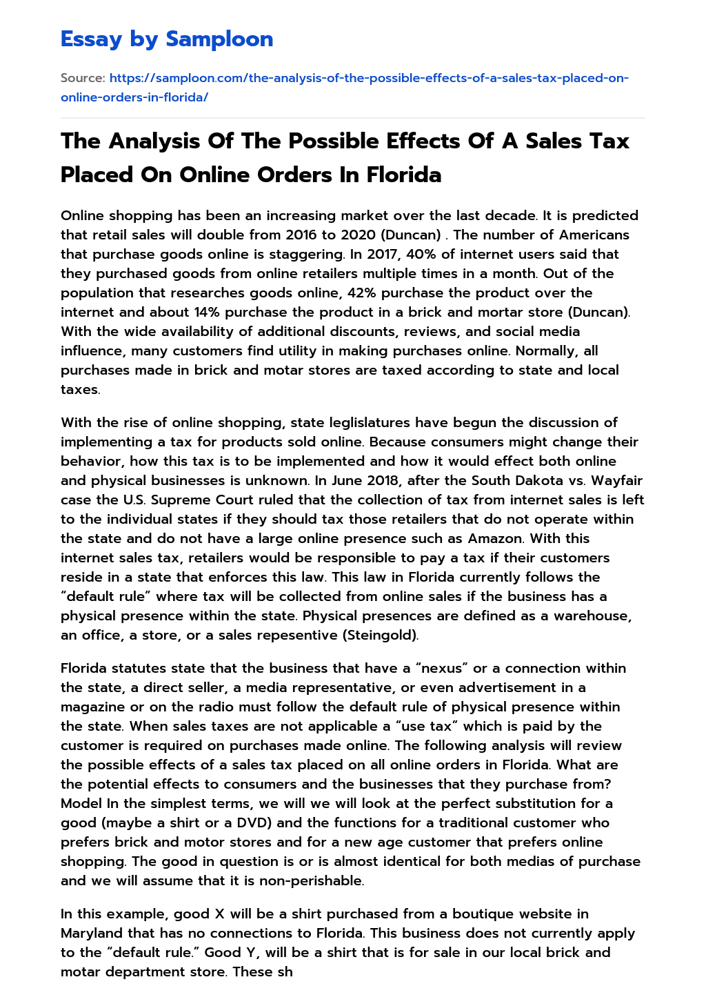 The Analysis Of The Possible Effects Of A Sales Tax Placed On Online Orders In Florida essay