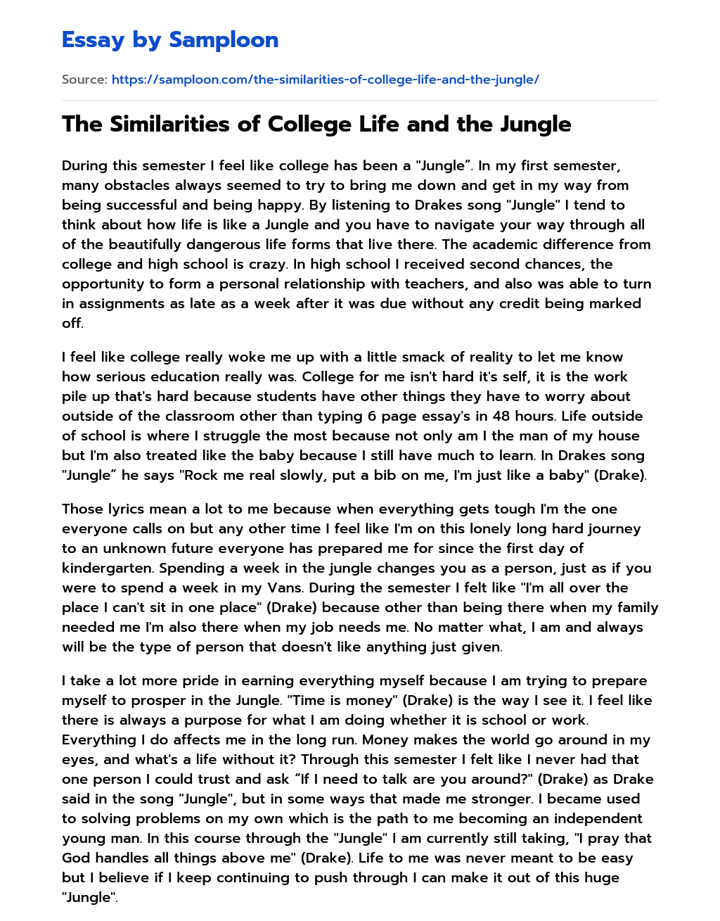 The Similarities of College Life and the Jungle essay