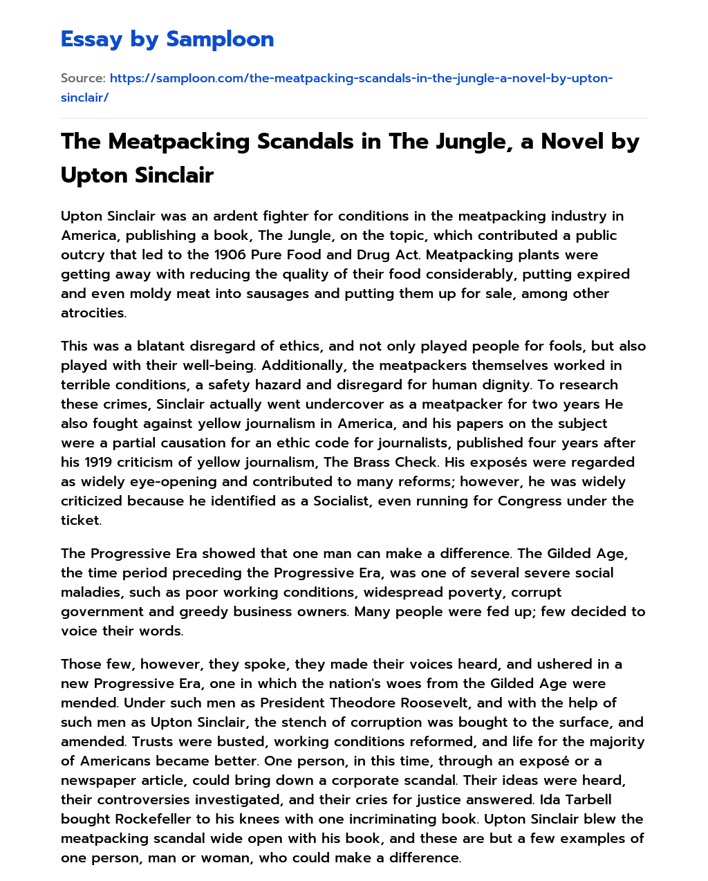 The Meatpacking Scandals in The Jungle, a Novel by Upton Sinclair essay