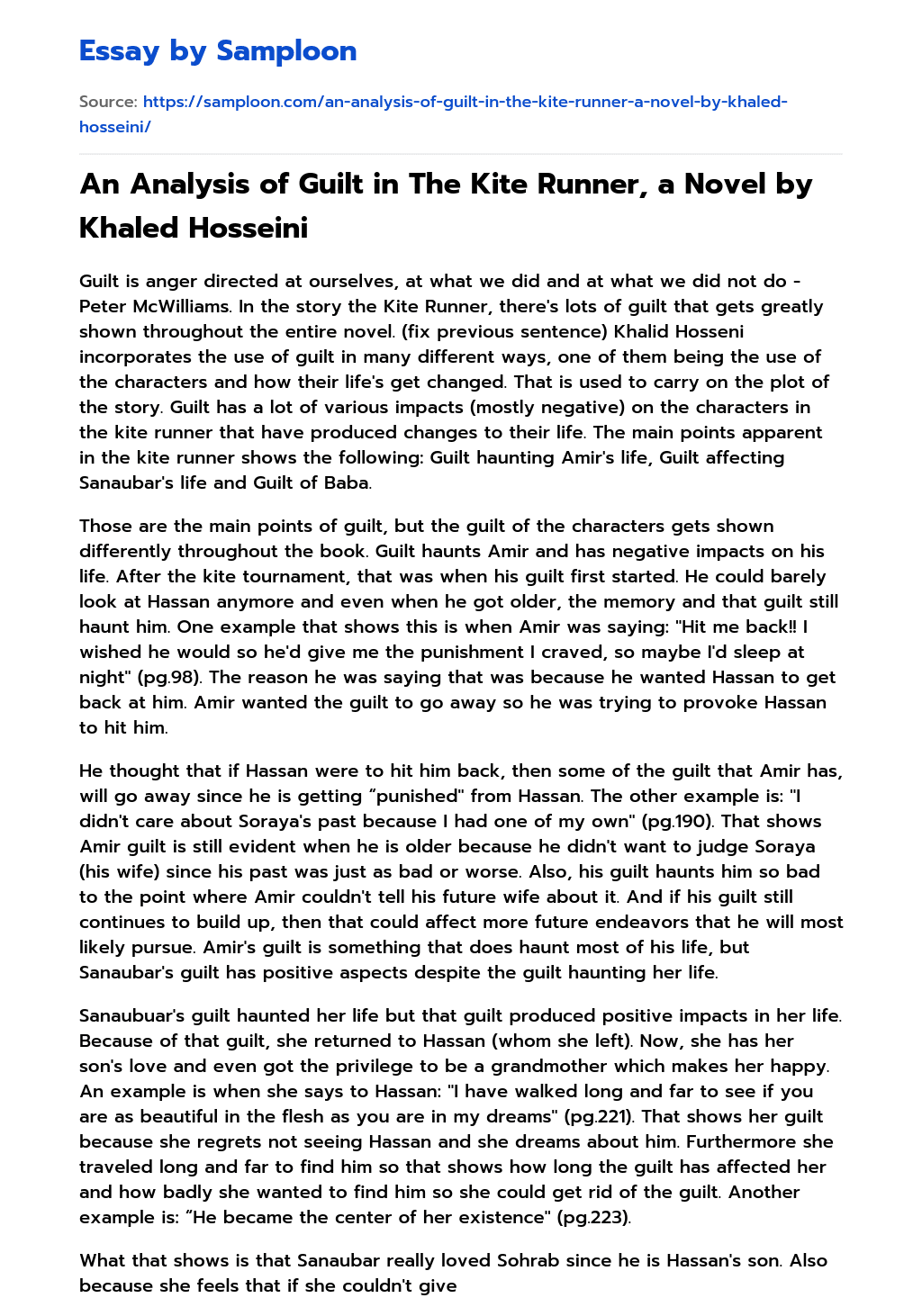 An Analysis of Guilt in The Kite Runner, a Novel by Khaled Hosseini essay