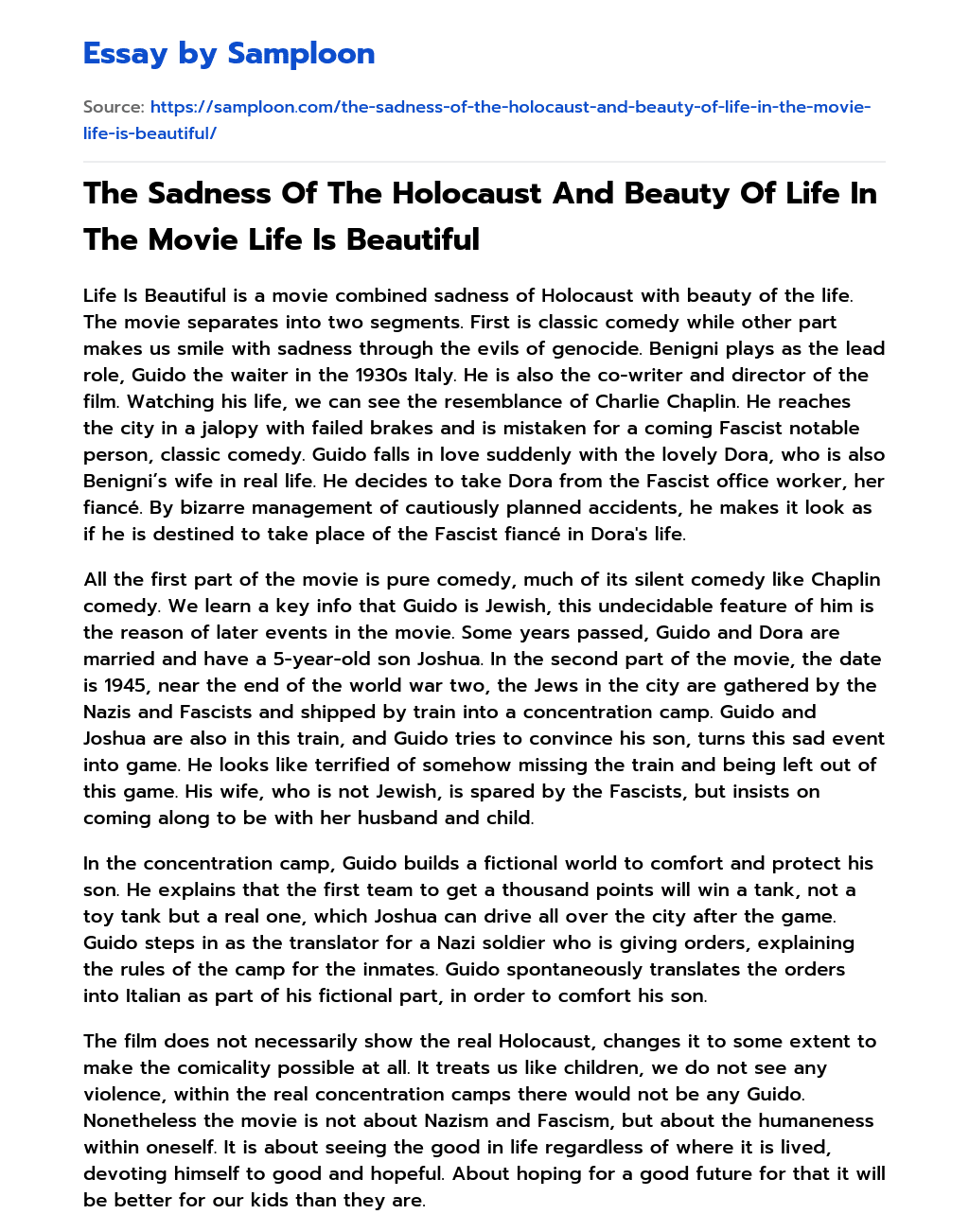 The Sadness Of The Holocaust And Beauty Of Life In The Movie Life Is Beautiful essay