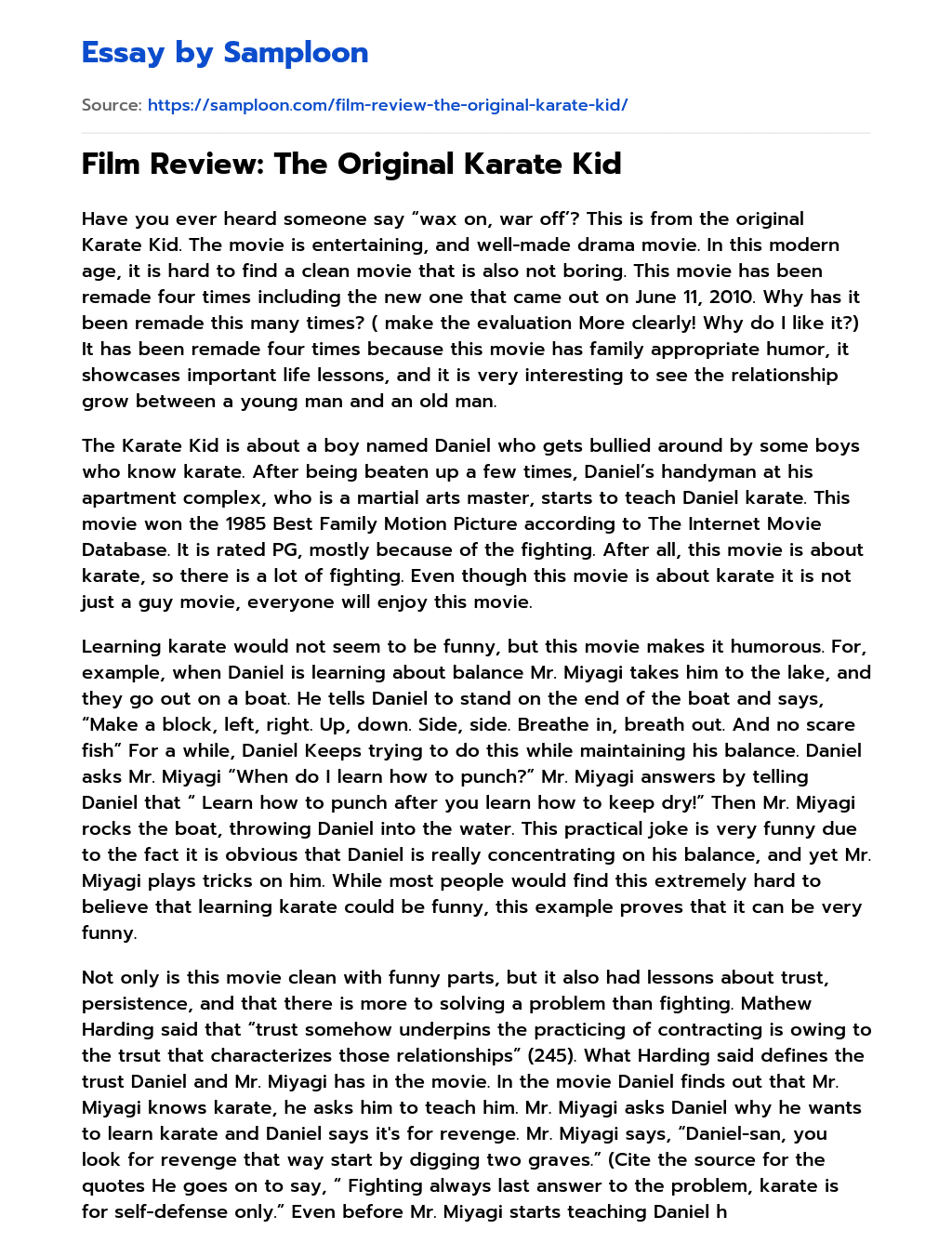 Film Review: The Original Karate Kid essay