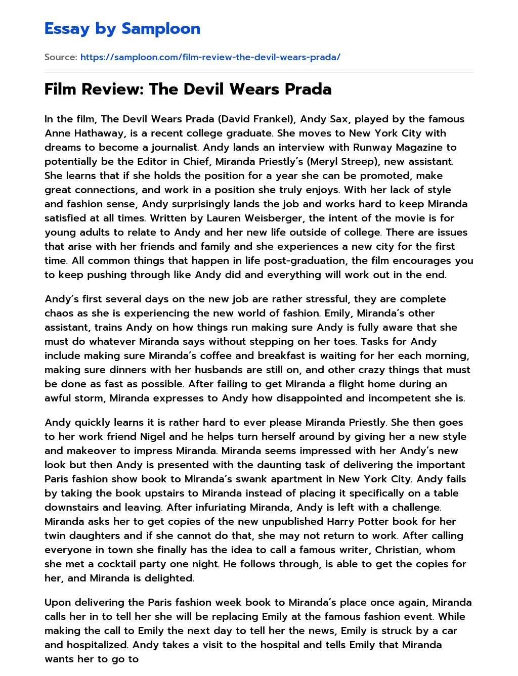 Film Review: The Devil Wears Prada essay