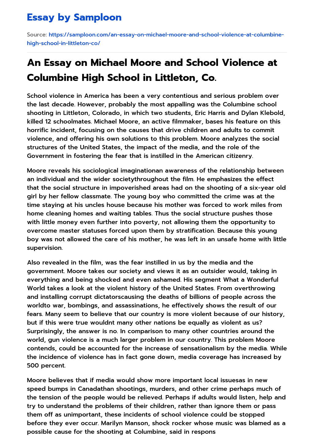 An Essay on Michael Moore and School Violence at Columbine High School in Littleton, Co. essay