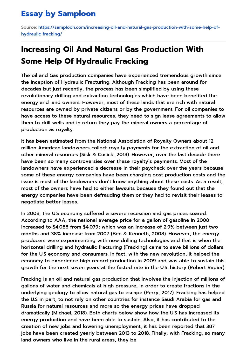 Increasing Oil And Natural Gas Production With Some Help Of Hydraulic Fracking essay
