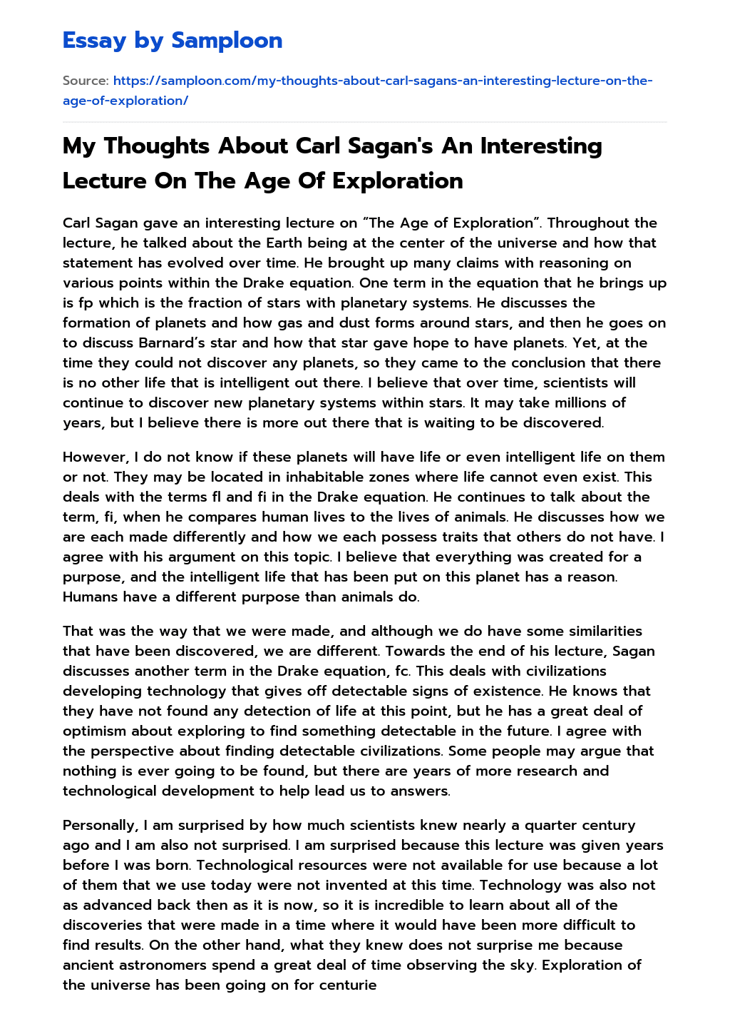 My Thoughts About Carl Sagan’s An Interesting Lecture On The Age Of Exploration essay