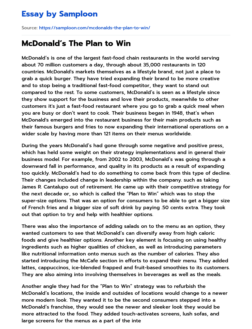 McDonald’s The Plan to Win essay