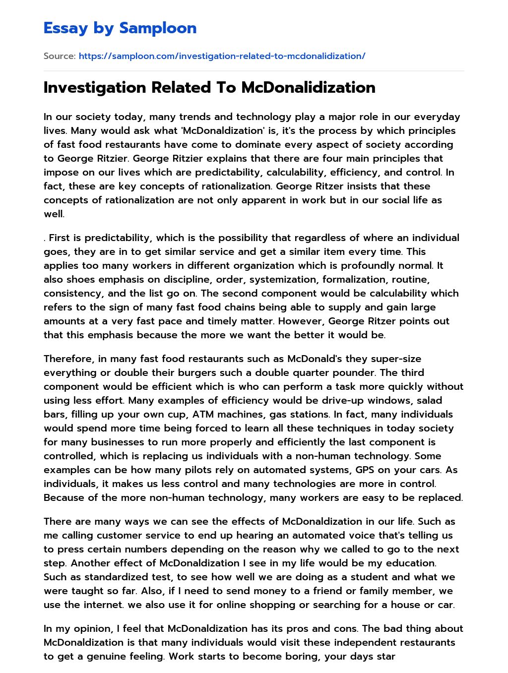 Investigation Related To McDonalidization essay