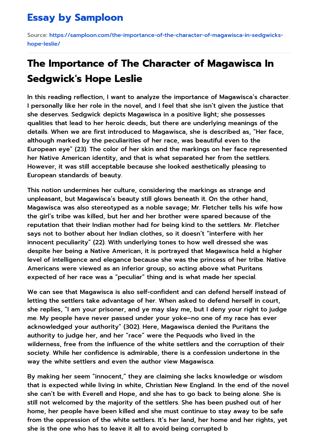 The Importance of The Character of Magawisca In Sedgwick’s Hope Leslie essay